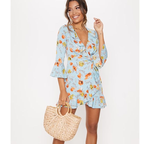 NWT Turquoise Floral Printed Frill Wrap Tea Dress - Picture 1 of 13